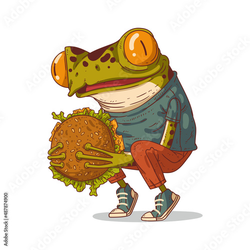 A hipster frog with a burger, vector illustration. Cute anthropomorphic frog sitting on his haunches and admiring delicious hamburger before eating it. An animal character with a human body