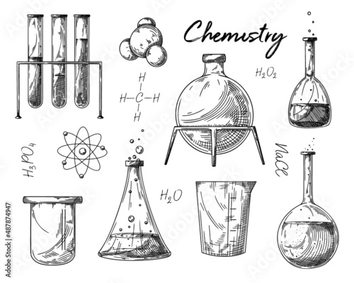 Set of different pharmaceutical flasks, beakers and test tubes. A sketch of chemical laboratory objects.