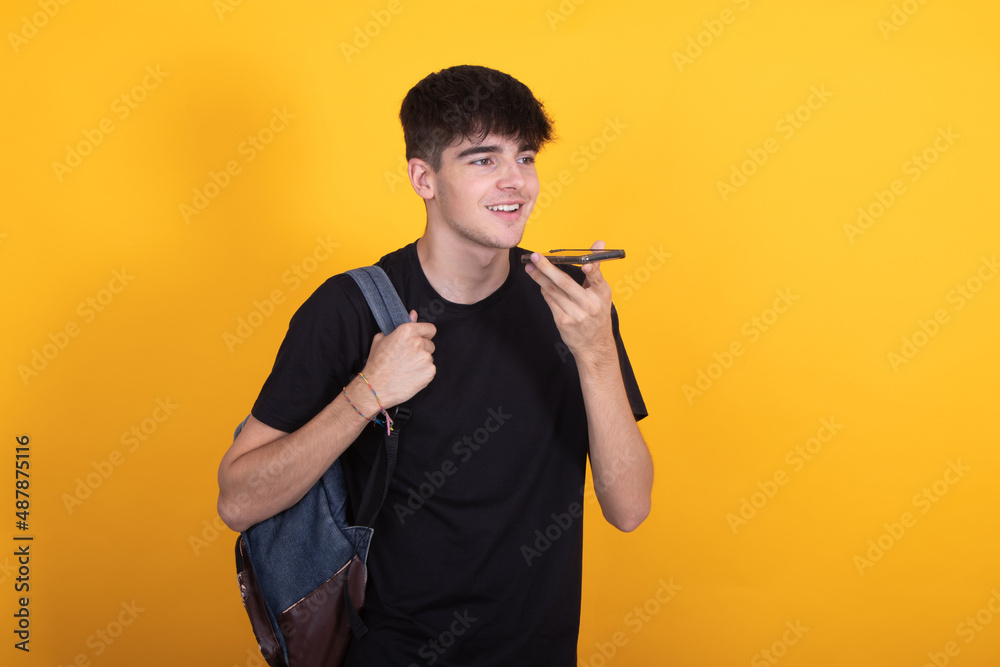 isolated backpack student sending voice message isolated backpack student sending voice message