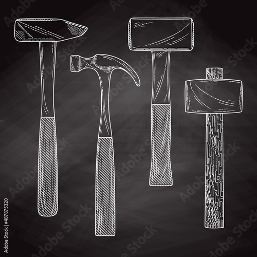 Set of different hammers. Hammers isolated on a blackboard. Vector illustration in sketch style