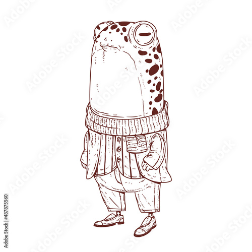 A proud stylish frog, outline vector illustration. Sketch-drawn mannered anthropomorphic frog. Contour illustration of a trendy dressed humanized toad. An animal character with a human body