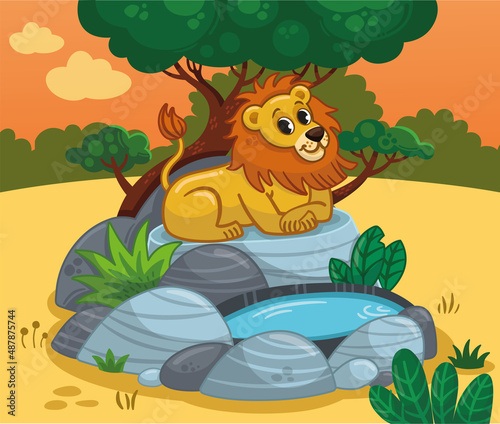 Happy Lion sitting on a rock looking over Savannah. Vector illustration.
