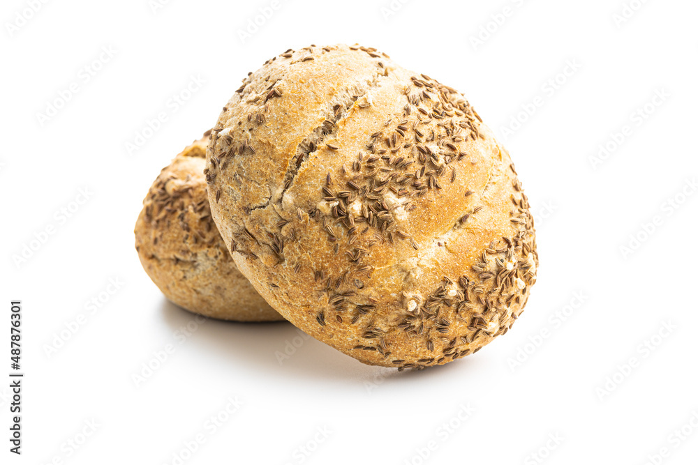 Baked bun bread with cumin seeds isolated on white background. Baked bun bread with cumin seeds isolated on white background.