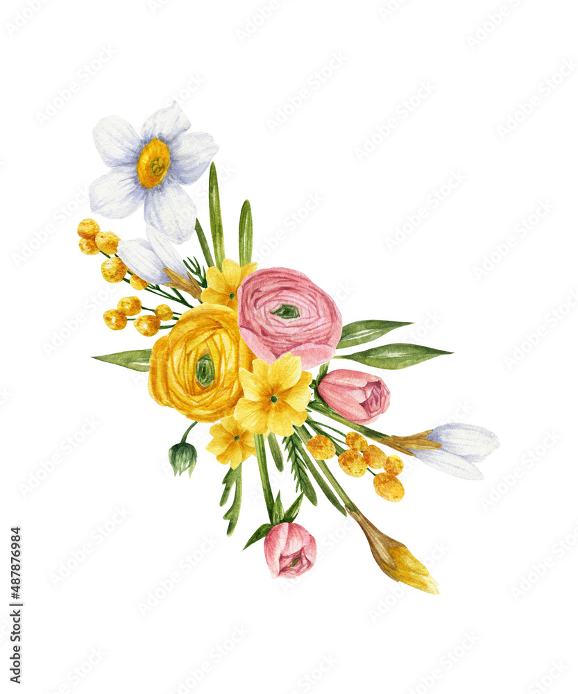 Bouquet of spring flowers in watercolor