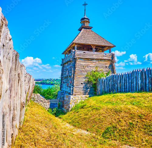 Walk along the wooden stockade of Zaporizhian Sich Fort, Zaporizhzhia, Ukraine
