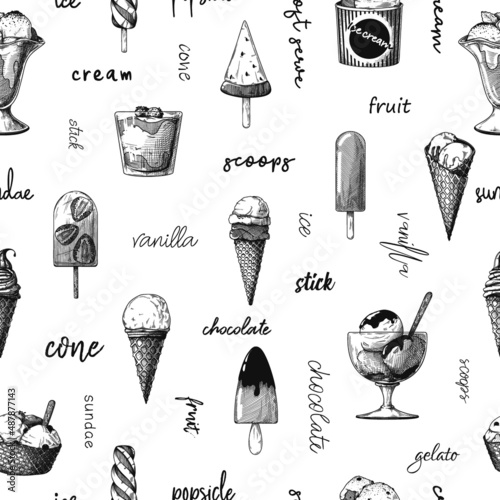 Seamless pattern with ice cream. Realistic ice cream. Vector illustration in sketch style
