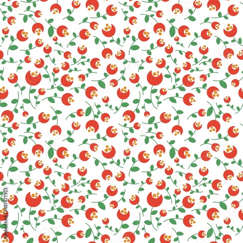 Seamless abstract floral pattern. Simple background with red flowers, green plants, leaves. White background. Illustration. Design for textile fabrics, wrapping paper, background, wallpaper, cover.