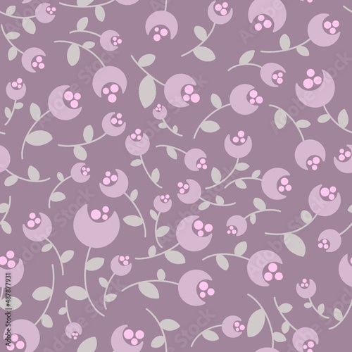 Seamless floral pattern. Simple background with violet, pink flowers, green leaves, plants. Purple background. Illustration. Design for textile fabrics, wrapping paper, background, wallpaper, cover.