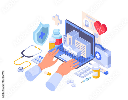 Concept of health care. Modern technologies, Internet and interaction with doctor. Conferencing, specialist will diagnose his own patient, search for optimal treatment. Volumetric vector illustration
