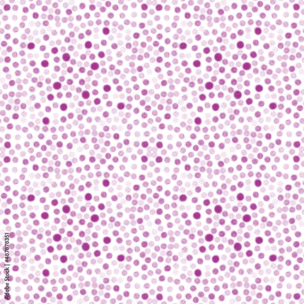 Seamless abstract geometric pattern. White background. Purple, violet, pink dots. Chaotic polka dots. Digital design for textile fabrics, wrapping paper, background, wallpaper, cover. Illustration.