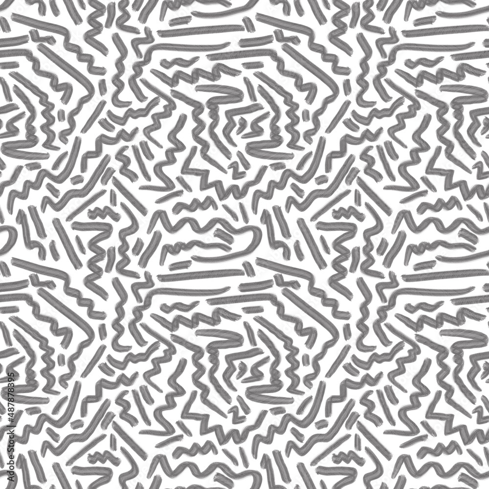 Seamless abstract geometric pattern with chaotic  lines. Grey, white colors. Illustration. Brush strokes texture. Digital design for textile fabrics, wrapping paper, background, wallpaper, cover.