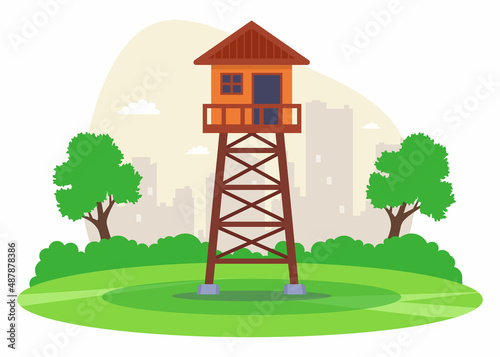 observation tower on a green meadow to protect the territory. flat vector illustration. photo