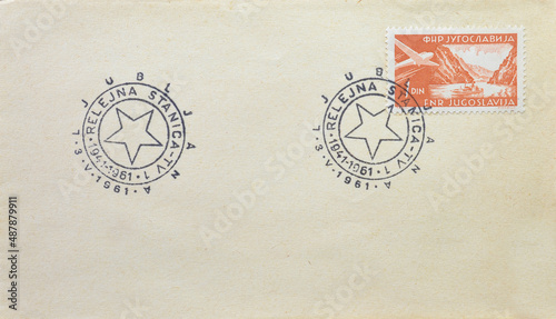 Letter with cancelled stamp printed by Yugoslavia, that shows Danube breakthrough at the Iron Gate, and stamp promoting 20th anniversary of Relay Station Ljubljana , circa 1961.