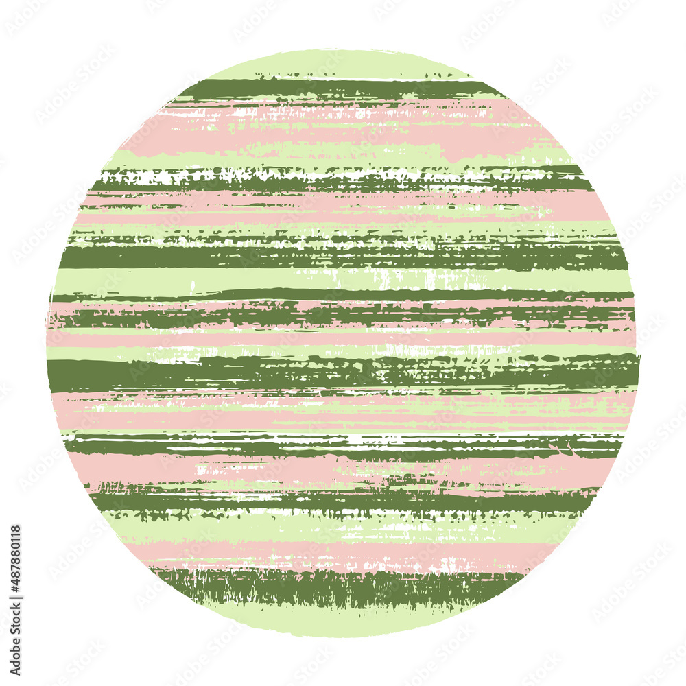 Hipster circle vector geometric shape with striped texture of ink horizontal lines. Old paint texture disk. Badge round shape circle logo element with grunge background of stripes.