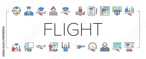 Flight School Educate Collection Icons Set Vector .