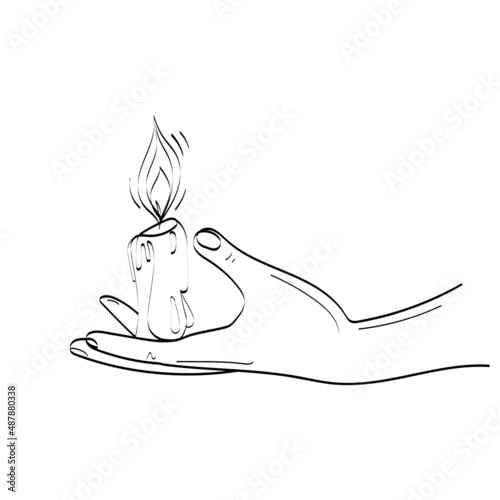 Burning wax candle in human hand,hand drawn black and white sketch outline style isolated on white background.Hand with candle vector illustration,Minimal Art