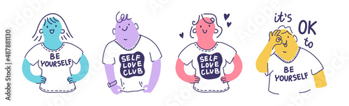 Collection of people portraits for web or app illustrations. Funny vector woman and man for mental health content. Self-love and self-acceptance concepts. Isolated on white. 