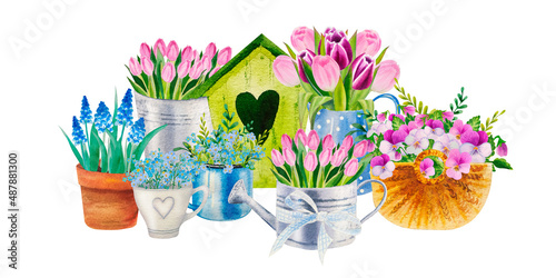 Photo watercolor set of spring flower bouqets in cup, jug and wooden box, birdhouse