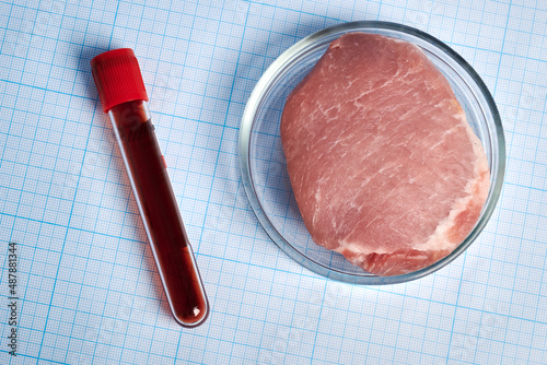 Blood test-tube and GMO meat in a Petri Dish - photo on a graph paper. Blood vacutainer and Petri dish with artificial meat are laying on millimeter grid page. Cultured meat in flat glass dish. photo