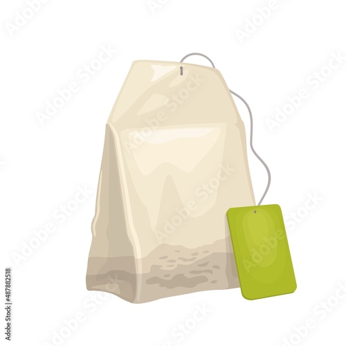 Tea bag with rope and tag. Vector color realistic illustration