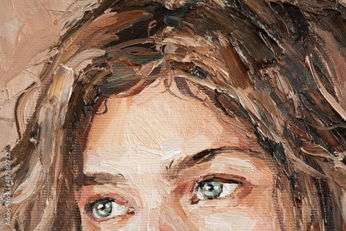 A fragment of a painting depicting a young girl. Grey-eyed girl with a pigtail. Oil painting on canvas.