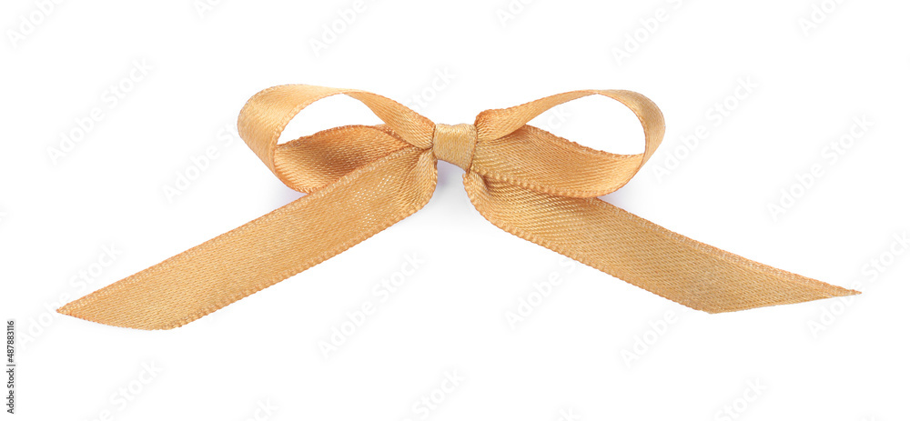 Fototapeta premium Beautiful golden ribbon tied in bow isolated on white, top view
