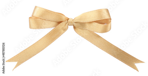 Beautiful golden ribbon tied in bow isolated on white, top view