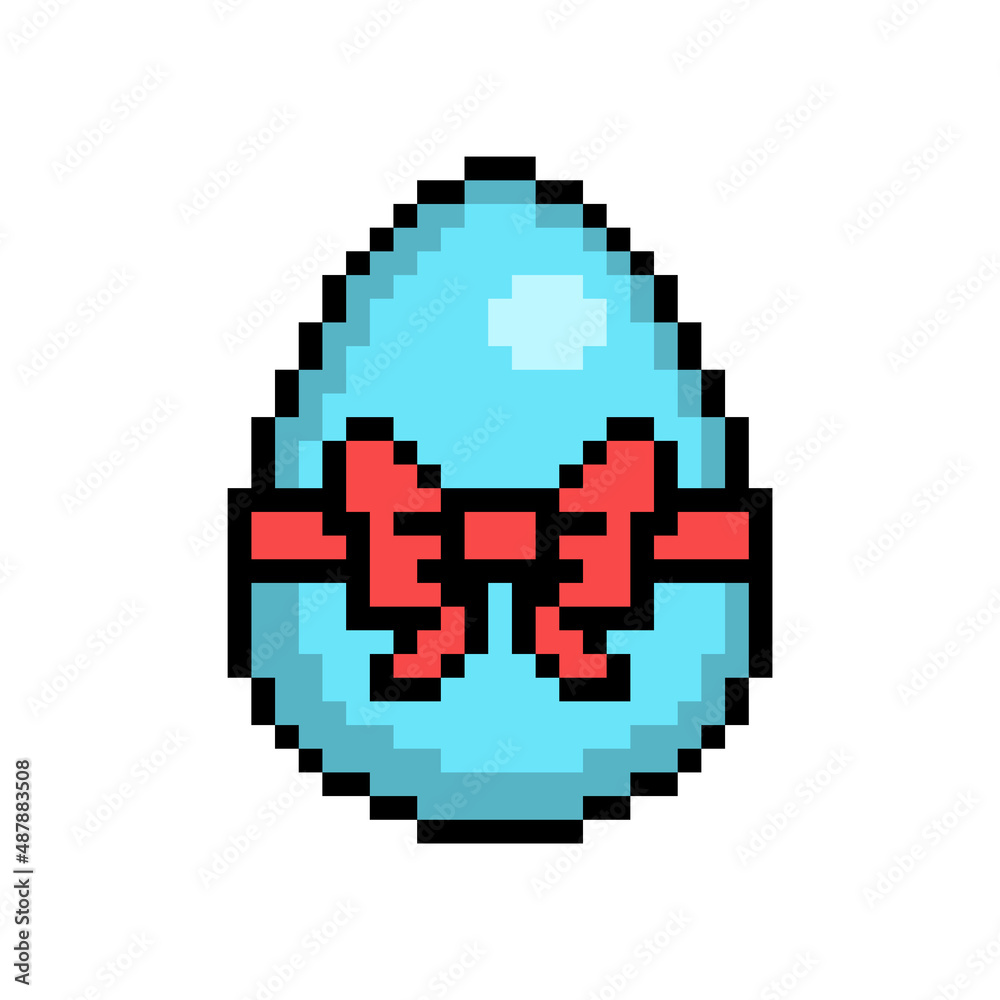 Easter egg painted blue decorated with red ribbon bow, 8 bit icon isolated on white background. Old school vintage retro 80s, 90s 2d video game, slot machine graphics.