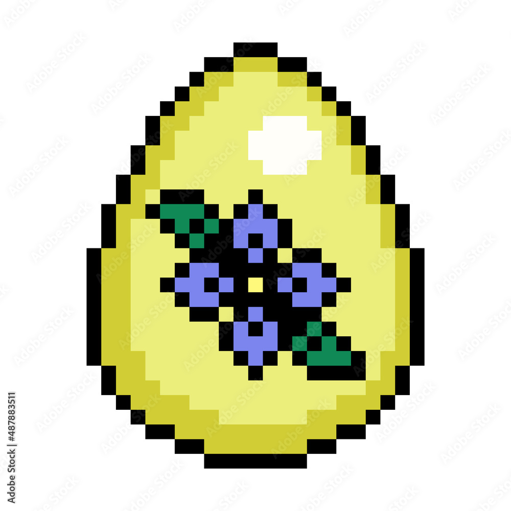 Fototapeta premium Easter egg painted yellow decorated with violet flower symbol, 8 bit icon isolated on white background. Old school vintage retro 80s, 90s 2d video game, slot machine graphics.