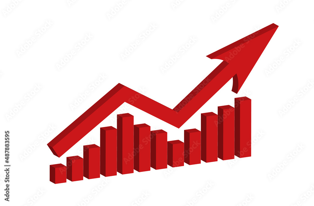 Red growing up arrow sign isolated on white background. Bar charts and graphs. Rising prices. Inflation concept. Finance and Economy. Graphic statistics. Financial planning and markets. 3d effect. Red growing up arrow sign isolated on white background. Bar charts and graphs. Rising prices. Inflation concept. Finance and Economy. Graphic statistics. Financial planning and markets. 3d effect.