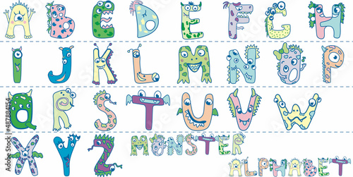 English alphabet with funny monsters. Alphabet for children in delicate colors. Isolated elements. Children's education. Education and child development. Fun with fonts