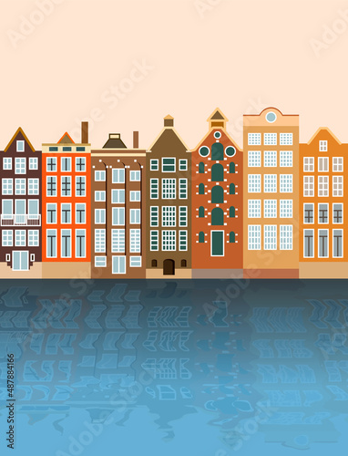 Beautiful residential area in Amsterdam, the Netherlands, flat vector illustration