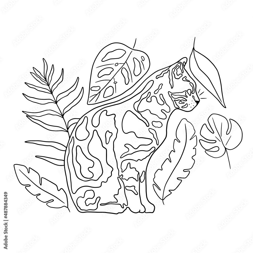 Coloring page with cat and tropical leaves. Doodle tropical vector ...