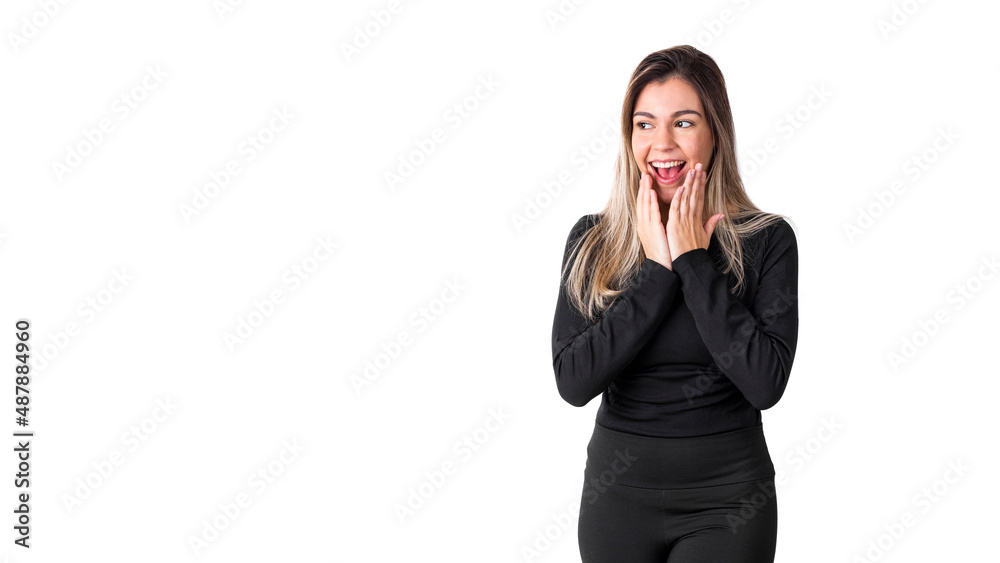 Young pretty amazed manager business woman looking to left side making face isolated on white background Young pretty amazed manager business woman looking to left side making face isolated on white background