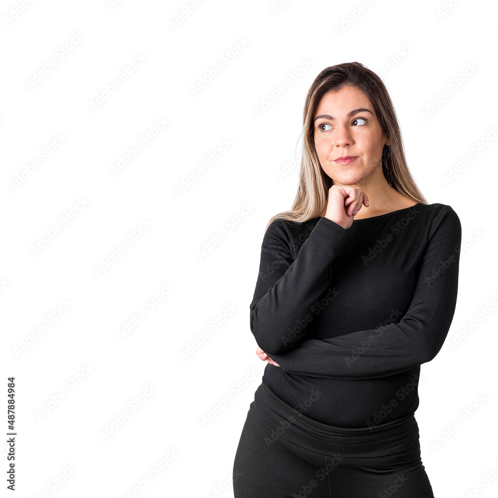 Young pretty confident manager business woman cross arms looking up isolated on white background Young pretty confident manager business woman cross arms looking up isolated on white background