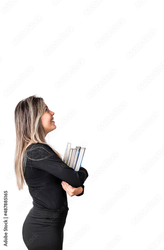 Young pretty girl confident happy ready to back to school. With books on arms. Isolated on white background. Looking up. copy space Young pretty girl confident happy ready to back to school. With books on arms. Isolated on white background. Looking up. copy space