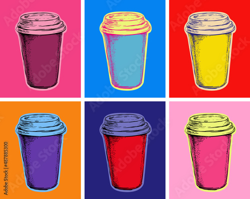 Set Coffee Mug Vector Illustration Pop Art Style