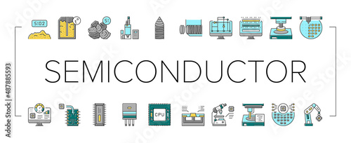 Semiconductor Manufacturing Plant Icons Set Vector .