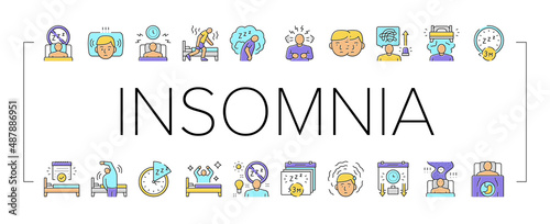 Insomnia Person Chronic Problem Icons Set Vector .