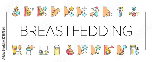 Breastfeeding Baby Collection Icons Set Vector .