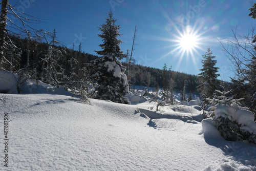 Beautiful snowy scenery with sunrays in High Tatras, Slovakia photo