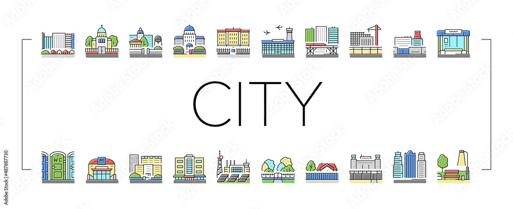 City Construction And Landscape Icons Set Vector .