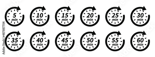10, 15, 20, 25, 30, 35, 40, 45, 50, 55, 60 min. Timer, clock, stopwatch isolated set icons. Vector logo