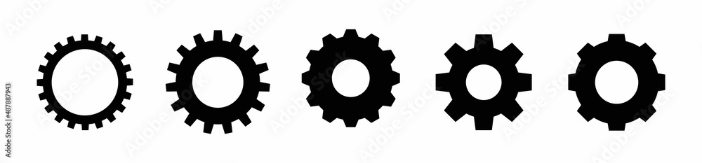 Gear setting vector icon set. Isolated black gears mechanism and cog wheel on white background.