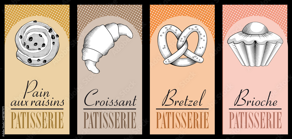 Ensemble de flyers pour une boulangerie-pâtisserie française composés de dessins blancs de viennoiserie, pain aux raisins, croissant, bretzel et brioche sur des fonds pastels - traduction : patisserie