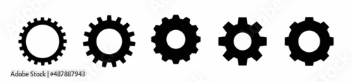 Gear setting vector icon set. Isolated black gears mechanism and cog wheel on white background.