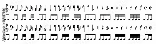 Music note black icons set. Isolated music notes symbols on white background. Vector illustration.