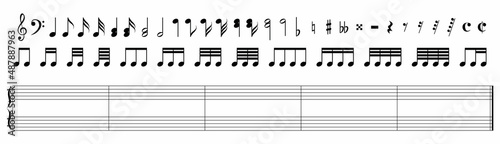 Music note black icons set. Isolated music notes symbols on white background. Vector illustration.