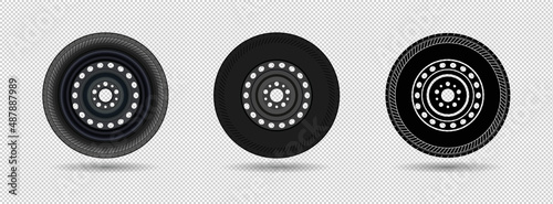 Icon set related to car tires. Vector illustration.