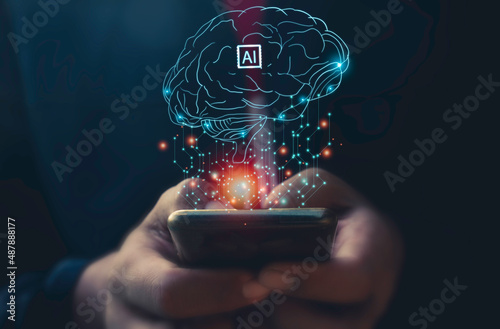 Hand use mobile phone and human head with line brain network technology for global.Data in the global computer social.Digital data,ai,science.Vector Technology background and Artificial intelligence.